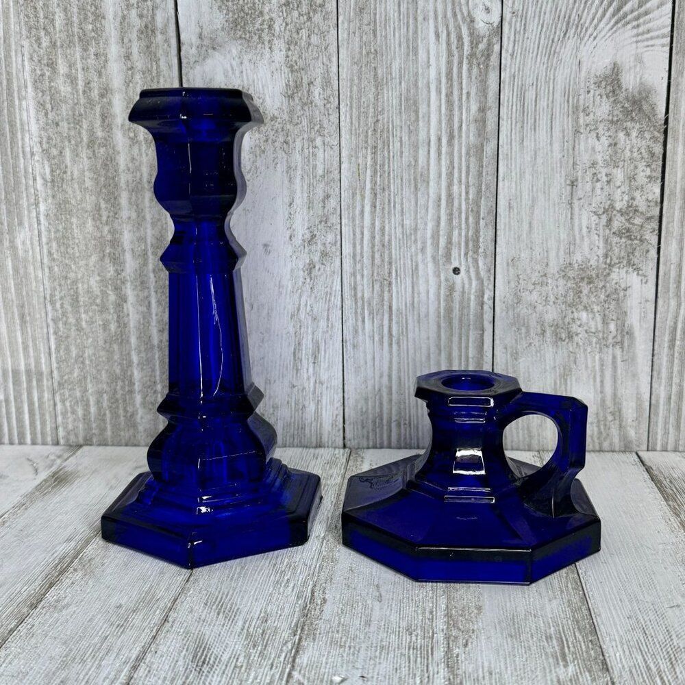 Vintage Cobalt Blue Glass Candle Holders Set of Two